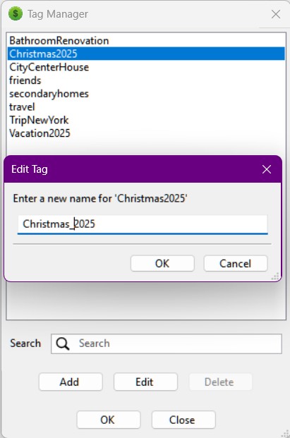 Organize Tags dialog